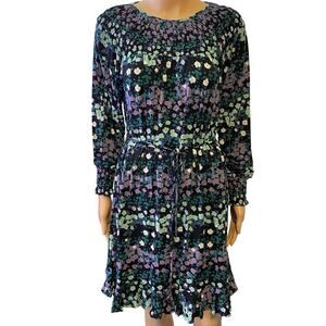 Loft Dress Women's S Mini Floral Smocked Flounce Ruffle Hem Green Purple Stretch